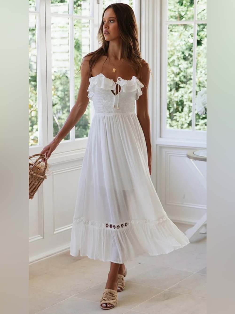 Saints + Secrets White Ruffles Smocked Bandeau Dress